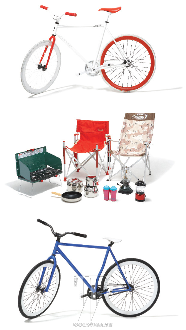 프레임, 타이어, 바퀴 등의 부품을 취향에 맞게 조립해 패션너블하게 즐길 수 있는 픽시 자전거는 스펠바운드 제품. 그릴, 쿠킹 세트, 머그, 램프, 의자 등 다양한 캠핑 용품은 콜맨 제품.