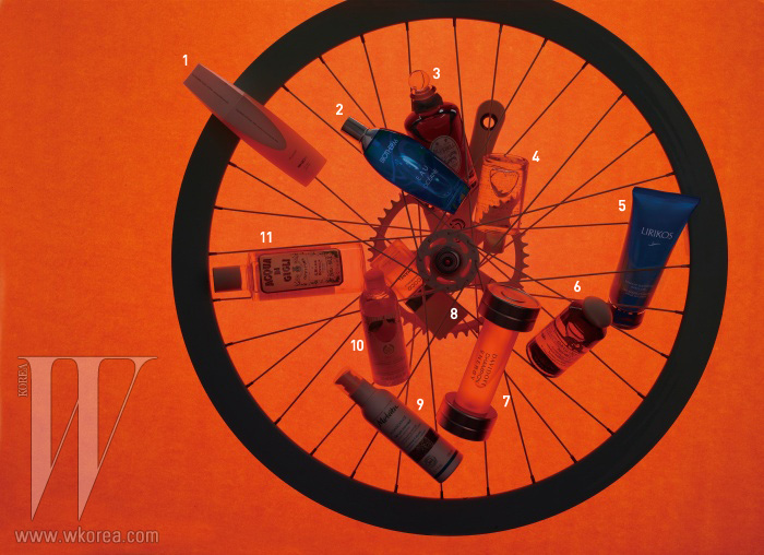 소품으로 사용된 H+SON 자전거 바퀴는 22만4천원, EIGHTENCH 크랭크는 15만5천원. 모두 Spellbound 제품.