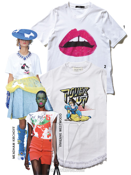 1. 입술을 형상화한 티셔츠는 마커스 루퍼 by 톰그레이 하운드 제품.19만원. 2. 디즈니 캐릭터를 재치있게 표현한 티셔츠는 그라운드제로 by 쿤 제품. 30만원대.