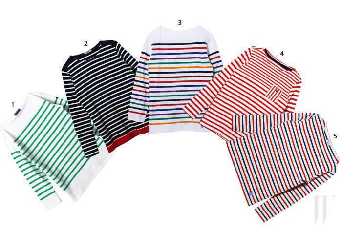 1. 초록색과 흰색의 조화가 산뜻한 줄무늬 티셔츠는 세인트 제임스. 13만8천원. 2. 프레피한 느낌의 줄무늬 티셔츠는 빈폴. 17만9천원. 3. 무지개 색상의 줄무늬 티셔츠는 오르시발 by 어라운드더코너. 16만5천원. 4. 가슴에 주머니 장식을 더한 빨간색 줄무늬 티셔츠는 바이커리페어샵. 6만9천원. 5. 빨강, 파랑, 흰색이 조화를 이룬 줄무늬 티셔츠는 오르시발 by 어라운드더코너. 12만8천원.