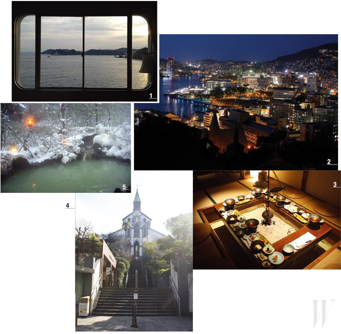 1. 호텔 창 밖으로 보이는 히라도의 아침. 2. 나가사키 시의 야경. 3. 히라도의 명소, 에비스테이. 4. 유럽의 영향이 느껴지는 오우라 성당. 5. 강산성의 운젠 온천.