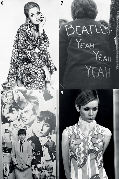 6. 60년대 스타일의 정수를 담은 화려한 리버티 프린트의 셔츠 드레스와 스카프. 7. 60년대 팝 문화를 휩쓴 비틀스의 영향을 보여주는 룩. 8. 60년대 모즈 룩을 하이패션에 대입한 마리 퀀트 등 다양한 60년대 비주얼로 채워진 보드. 그 앞에 선 인물은 마리 퀀트와 함께 일했던 디자이너 캐롤린 찰스. 9.그래픽적인 패턴의 미니 드레스를 입은 트위기.