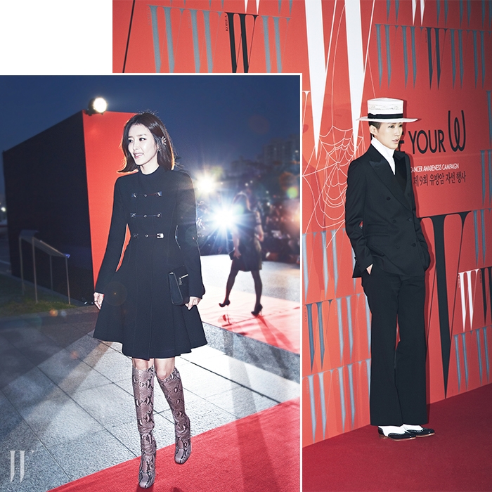 왼쪽 | 버클 장식의 코트 드레스, 앨리게이터 부츠로 60년대 분위기를 연출한 배우 채정안의 룩은 Gucci 제품.오른쪽 | 젠틀 우먼의 진수를 보여준 방송인 홍진경의 근사한 룩.