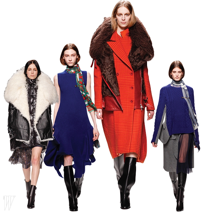 바이커 재킷과 니트, 코트 같은 클래식한 아이템의 변주로 구성된 2014 F/W 사카이 컬렉션.