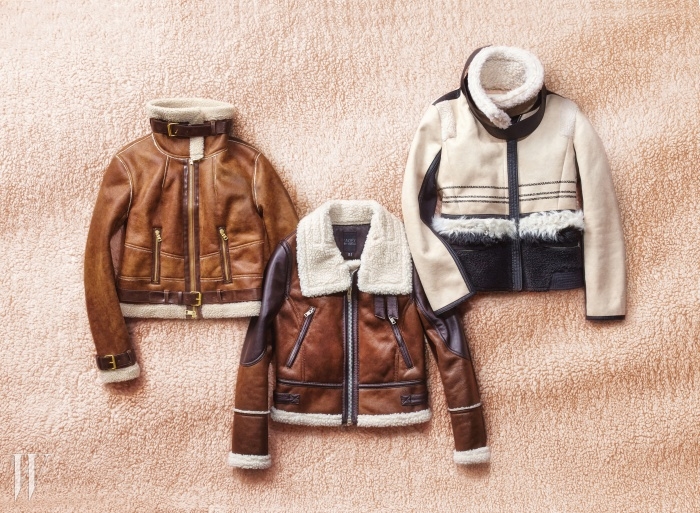 왼쪽부터 | 은은한 브라운 톤의 라이더 재킷은 아르마니 익스체인지 제품. 가격 미정. 톤온톤의 배색이 근사한 라이더 재킷은 카이아크만 제품. 30만원대. 검정 트리밍 장식으로 멋을 낸 재킷은 지컷 제품. 59만9천원.