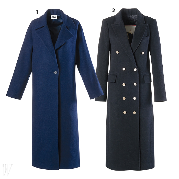 1. 간결한 디자인이 특징인 진한 파란색 코트는 그레이 양 제품. 47만7천원.2. 탄탄한 재단이 돋보이는 검정 밀리터리 맥시 코트는 곽현주 제품. 1백만원대.
