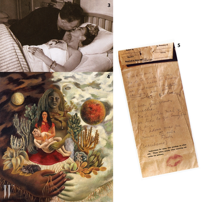 3. 1950년, 프리다와 디에고.4. 프리다 칼로의 1949년 작품인 . 결코 만날 수 없는 운명인 달과 해로 디에고와 자신을 표현했다.5. 1940년 이전, 프리다가 디에고에게 쓴 러브 노트.