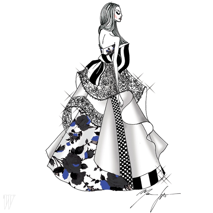 MSGM의 마시모 조르제티가 그린 드라마틱한 플라워 패치워크 드레스.  