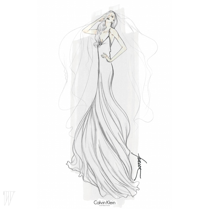 소용돌이치는 머메이드 드레스를 상상한 캘빈 클라인의 프랜시스코 코스타의 스케치.  