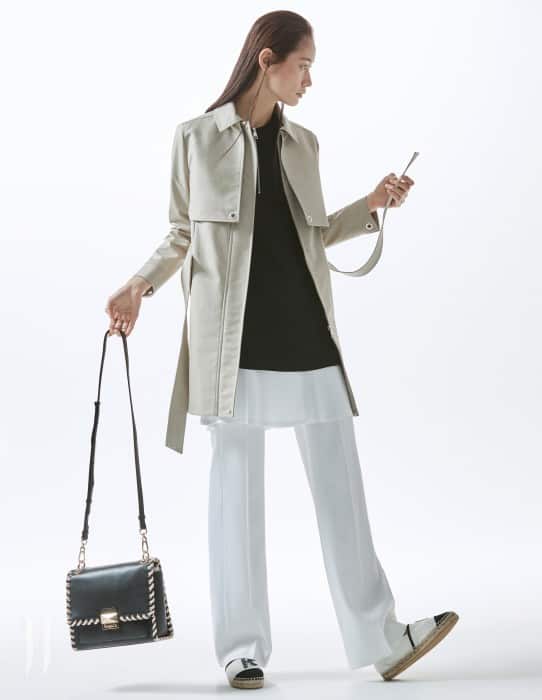 스티치 장식의 소가죽 소재 윕스티치 핸드백(Whipstitch Handbag), 구조적인 디자인의 지퍼 여밈 트렌치코트, 주름 장식의 미니 드레스, 흰색 팬츠, 로고 장식의 에스파드리유는 모두 Karl Lagerfeld 제품.