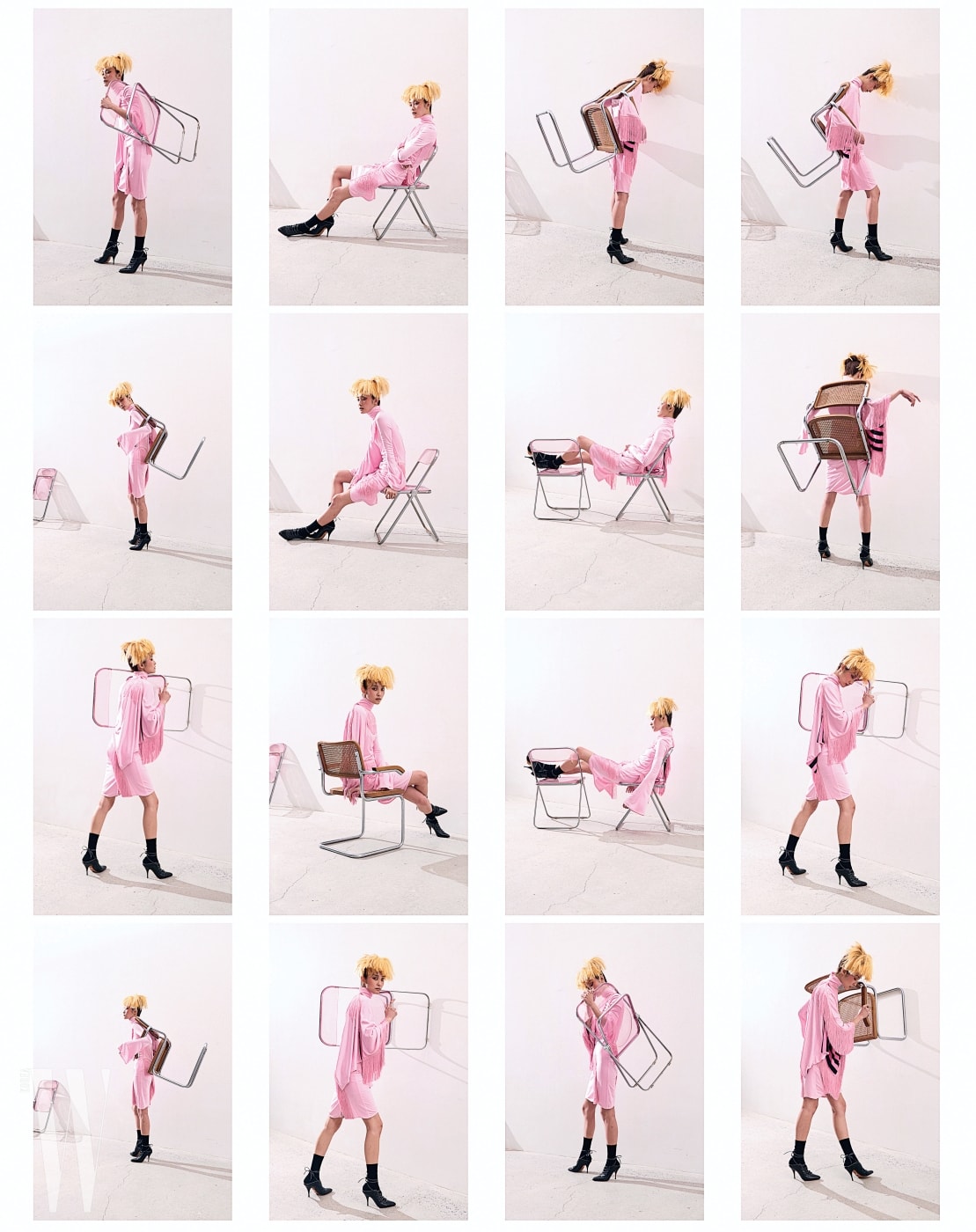 드라마틱한 프린지 장식 실크 드레스, 양말과 레이스업 슈즈는 모두 Givenchy 제품. 투명한 분홍색 Plia Chair는 Castelli, Silla Cesca 의자는 Knoll 제품.