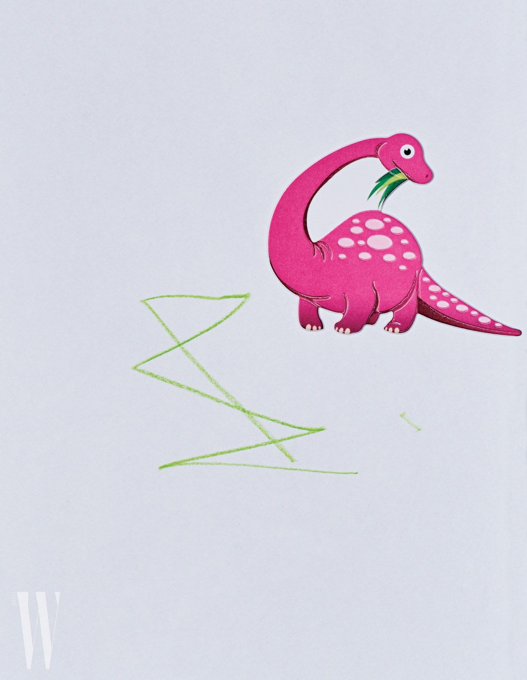 김나영의 아들 최신우(2세) 군이 그린 그림. 엄마가 붙여준 핑크색 공룡 스티커와 어우러지는 추상적인 선을 그려 넣었다. 