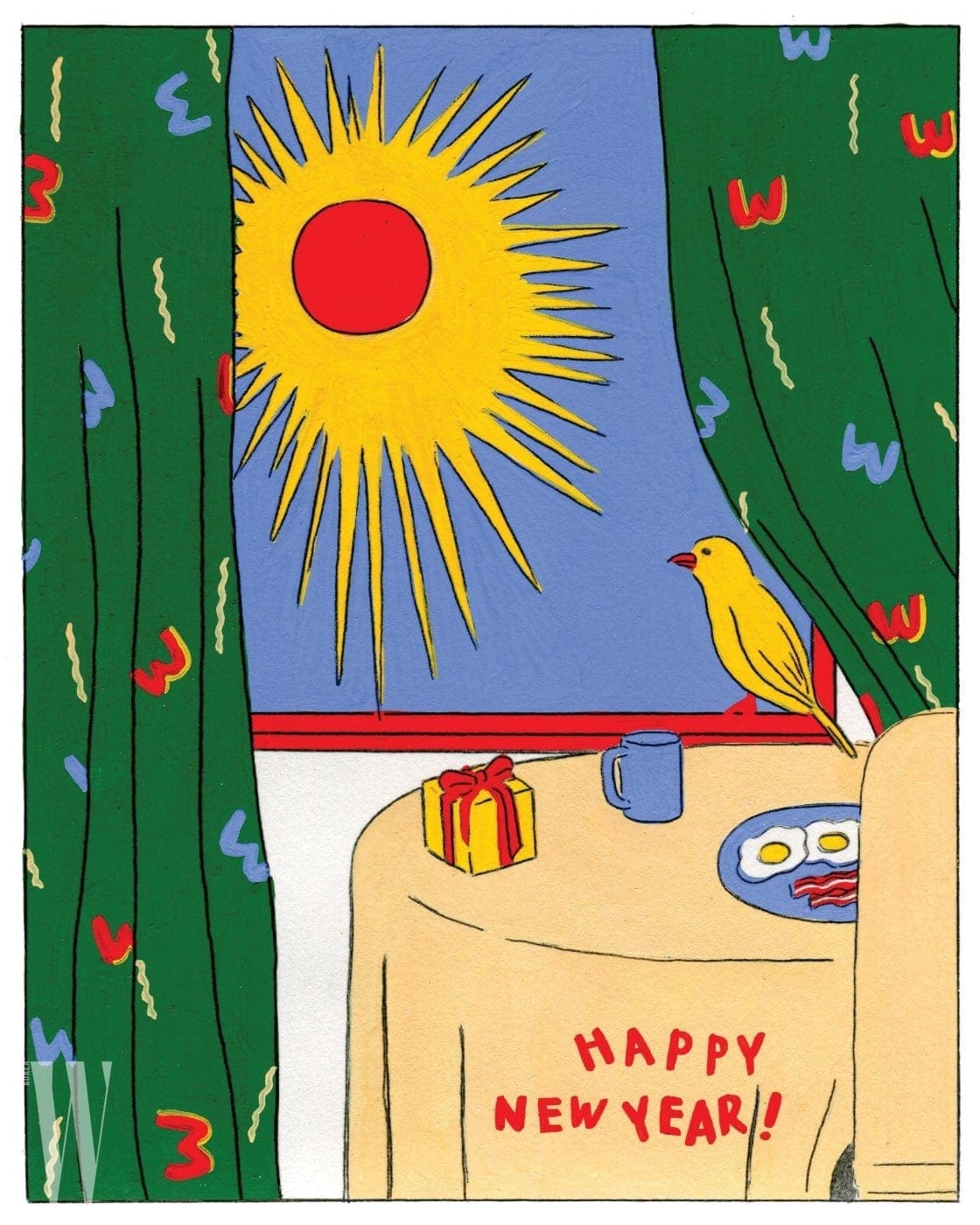 새해 아침의 상쾌함이 느껴지는 그림에 ‘W’ 로고로 커튼을 장식해 협업의 의미를 더한 키미앤드12 카드.