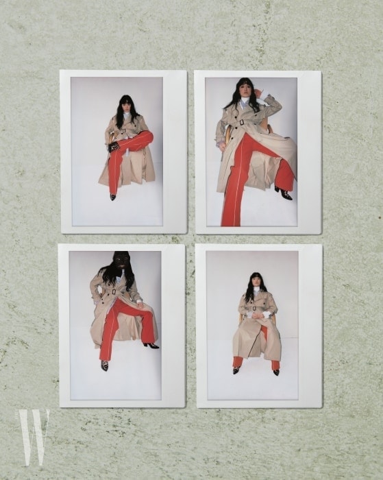 컷아웃트렌치코트와팬츠는Valentino, 니트터틀넥과줄무늬셔츠, 레오퍼드패턴부츠는Louis Vuitton 제품.