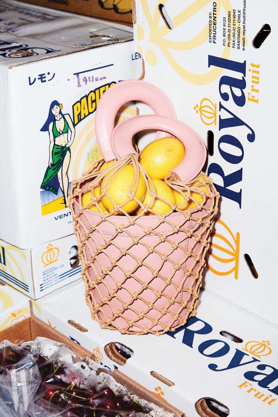  레몬이 담긴 연핑크색 바구니 백은 스타우드 by 네타포르테 제품. 87만원대.